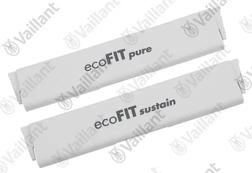 Vaillant Produktkomponenten mit den Aufschriften „ecoFIT pure“ und „ecoFIT sustain“ auf weißen Kunststoffteilen.